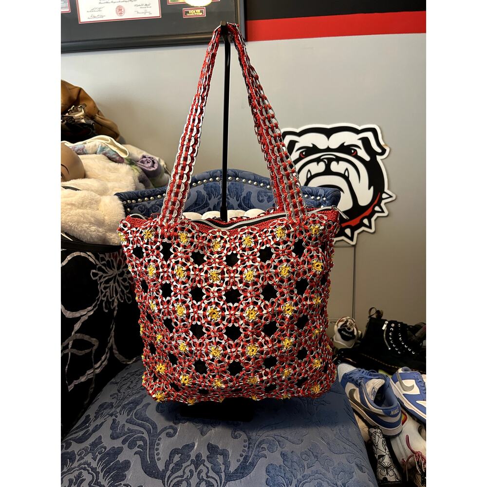 Red and Yellow Tote Handmade from Can Tops Zip Closure